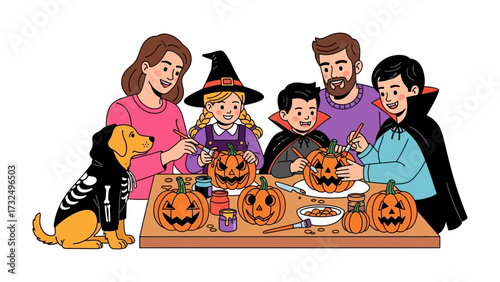 Happy Family Halloween: A family, joined by their costumed dog, engages in the festive tradition of carving jack-o'-lanterns, celebrating the spooktacular essence of Halloween. 