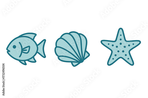 Stylized set of marine life icons featuring a fish, seashell, and starfish for ocean themed designs and aquatic concepts