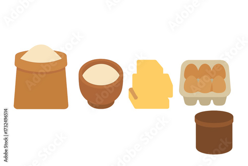 Essential baking ingredients collection including flour, butter, eggs, and cocoa powder for delicious cooking and dessert preparation