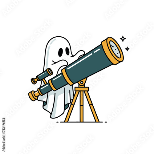 Ghostly astronomer observing the cosmos through a telescope.