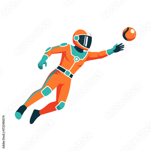 Astronaut in orange suit reaching for a floating ball in space.