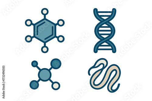 Collection of scientific and biological icons featuring DNA double helix, molecular structures, and a sperm cell