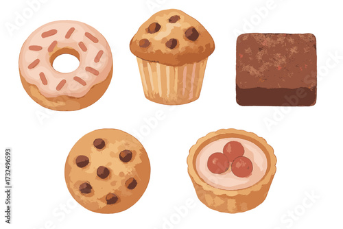 Assortment of delicious baked goods and sweet desserts including donut muffin cookie brownie tart