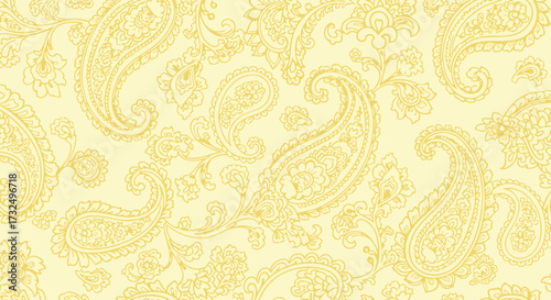 Yellow paisley motif pattern background, outlined detail