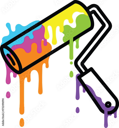 Dripping paint roller with colorful paints