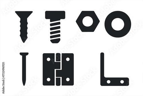 Assortment of essential construction hardware including screws, bolts, nuts, washers, nails, hinges, and brackets