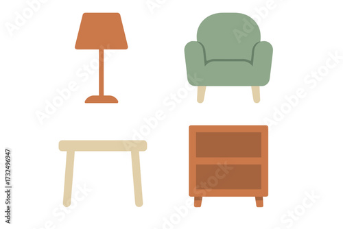 Modern minimalist furniture set featuring a table lamp, comfortable armchair, small table, and storage cabinet