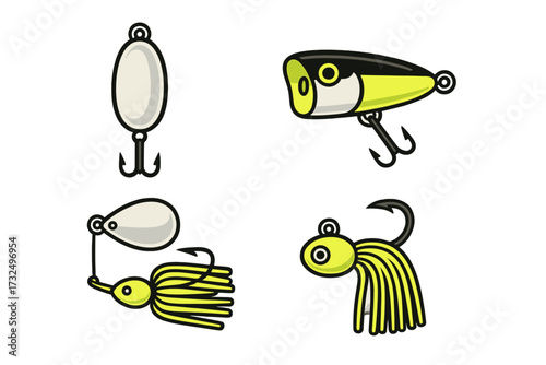 Diverse collection of colorful fishing lures and artificial bait for recreational angling activities and sport fishing equipment