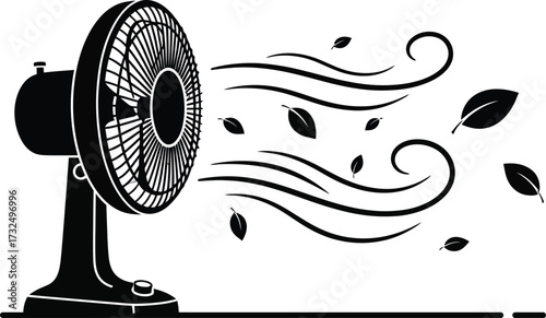 Portable standing fan blowing dust and leaves  vector icon illustration