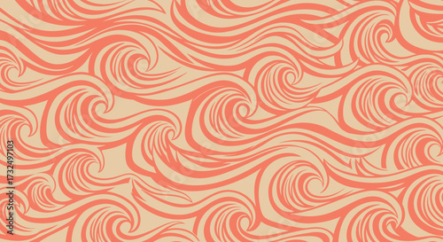 Swirling waves of coral over a beige background create a dynamic, flowing, and visually interesting pattern