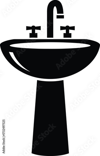 Pedestal sink washbasin with plumbing fixtures. Bathroom sink icon editable vector illustration silhouette