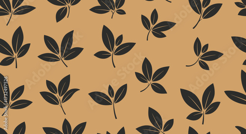 Seamless pattern with stylized dark leaf motifs on tan background