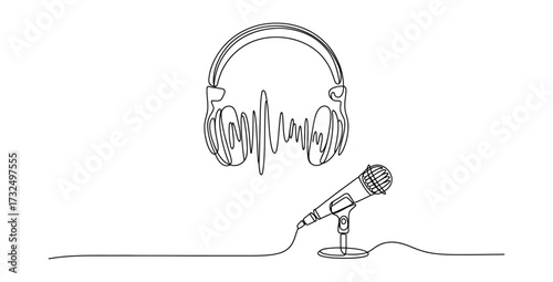 Podcast recording studio setup with microphone and headphones line art