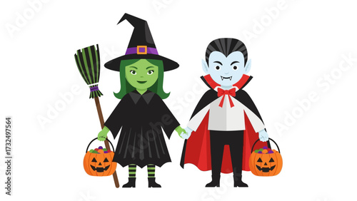 Halloween Characters Illustration: A whimsical illustration capturing the essence of Halloween with a friendly witch and a charming vampire holding hands, each clutching a trick-or-treat bucket.