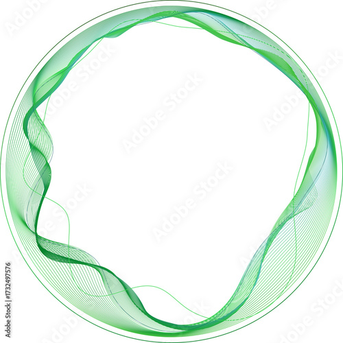 Round green frames made of dynamic curved lines for design on the topic of ecology, green energy, bioenergy. Copy Space