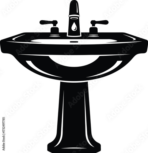 Pedestal sink washbasin with plumbing fixtures. Bathroom sink icon editable vector illustration silhouette