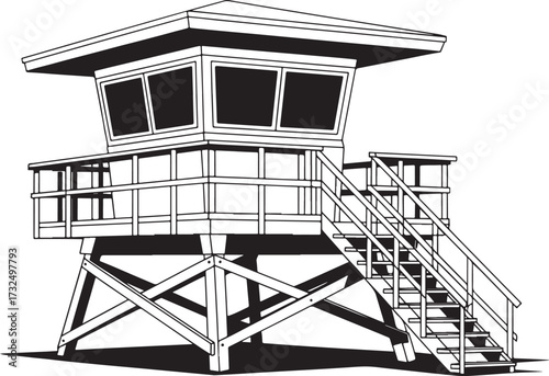 Black and white illustration of modern lifeguard tower with stairs and railings in high contrast setting.