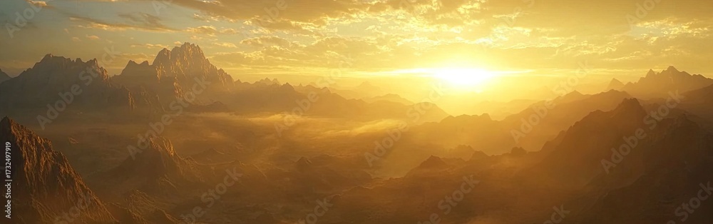 Obraz premium Golden sunrise over misty mountains, cinematic in style, with warm tones, low contrast