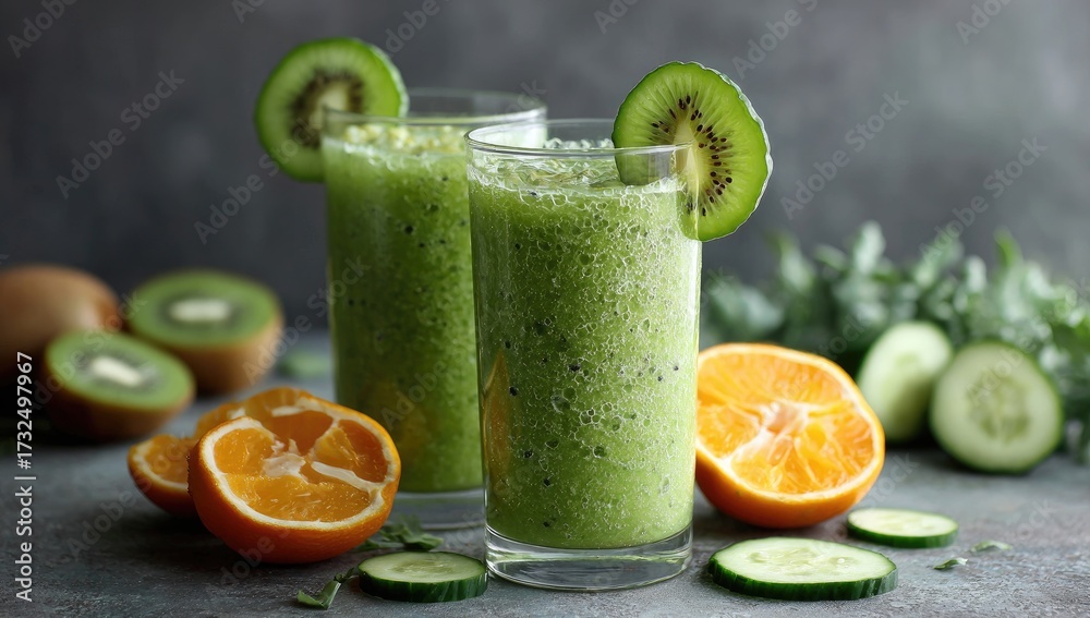 Fototapeta premium Two tall glasses of vibrant green smoothie, garnished with kiwi slices, sit amongst halved oranges, sliced cucumbers, and whole kiwis on a dark gray surface. The smoothie appears thick and refreshing