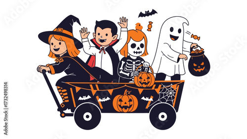 Halloween Parade: A joyful depiction of children dressed in festive costumes, participating in a Halloween parade, each child exuding the holiday's spooky charm.