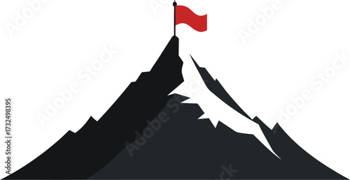 Mountain peak with red flag symbolizing achievement success and reaching goals