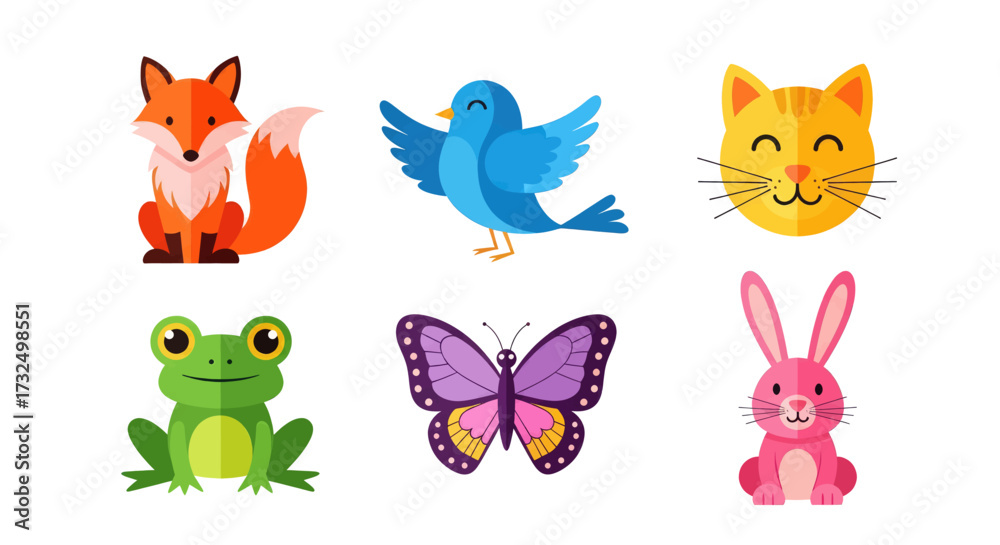 Fototapeta premium Adorable collection of cute cartoon animals including a fox, bird, cat, frog, butterfly, and rabbit.