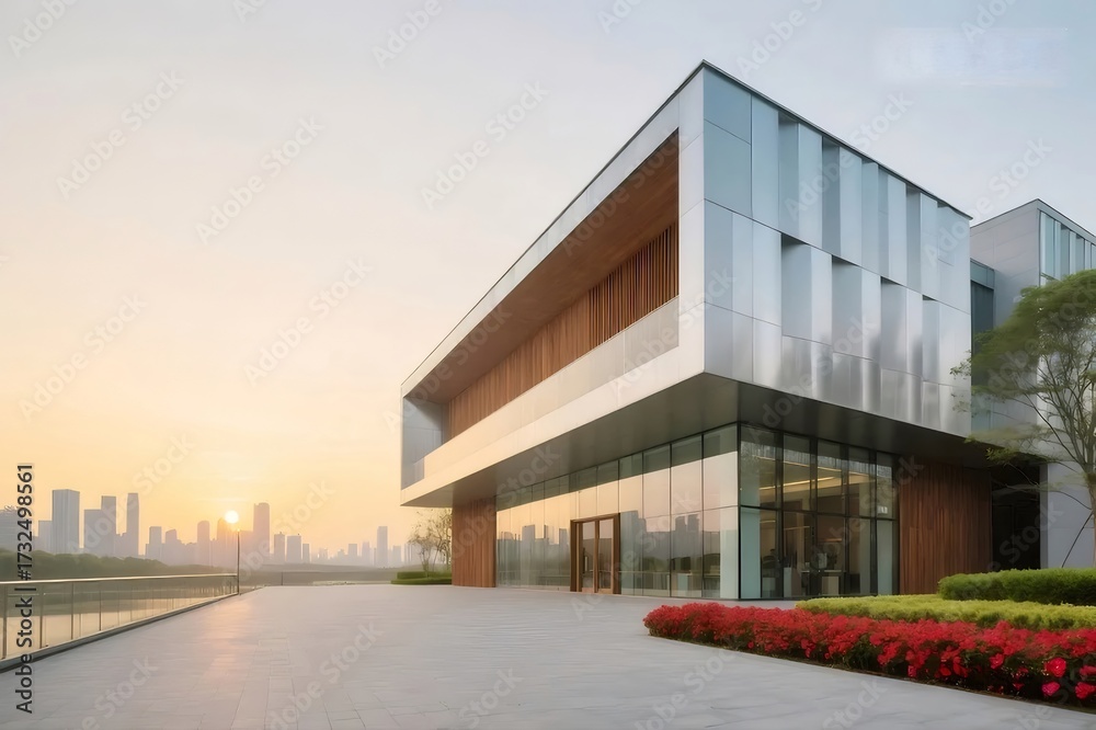 Obraz premium モダンな建築物 夕暮れの空を背景に都市景観