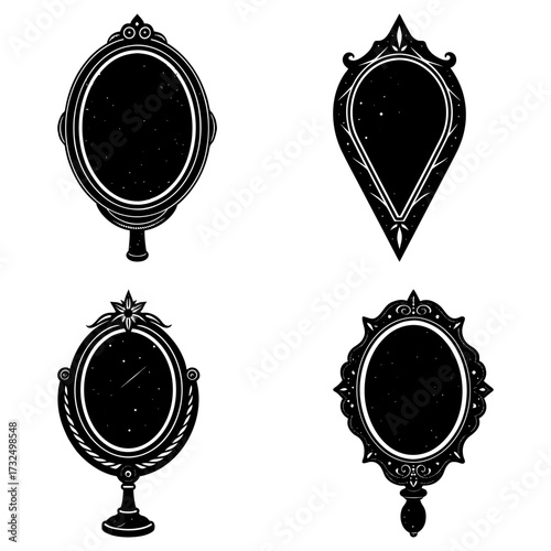 Collection of four ornate mirrors with varying shapes and decorative frames in black and white style