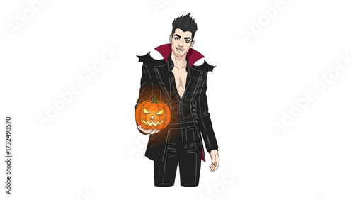 Halloween-Themed Artwork: A dapper character with vampire-inspired attire stands proudly, clutching a glowing Jack-o'-Lantern, adding a touch of spooky excitement.