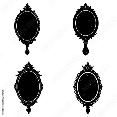 Four vintage hand mirrors with ornate frames in black silhouette against a white background display elegance