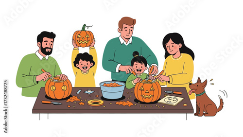 Pumpkin Carving: A family gathers together, joyfully carving pumpkins into spooky faces. This heartwarming scene embodies autumn tradition and familial bonding during the festive Halloween season.