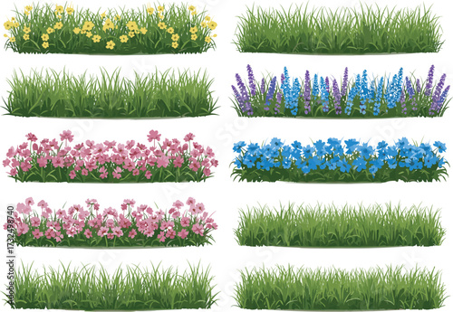 Flower bed and grass illustration set, cartoon garden vegetation, colorful foliage strips, landscaping clipart, nature design elements, vector plant graphics