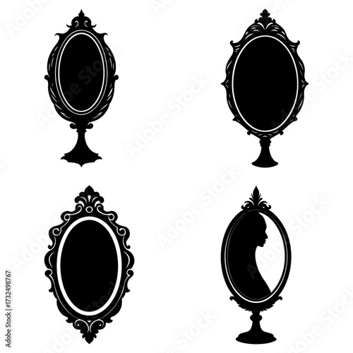 Collection of four ornate oval mirrors with stands in black silhouette on a white background showing reflections