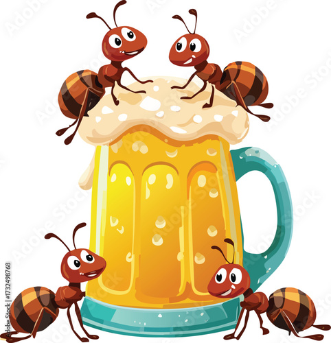 Funny cartoon ants sitting around big beer mug with foam