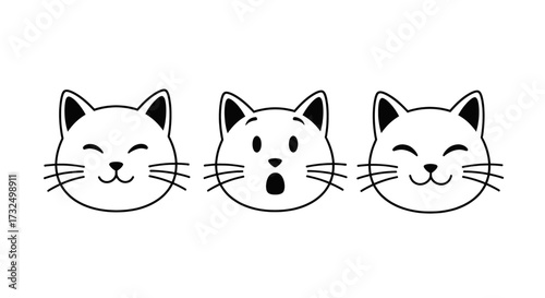 Three cute cartoon cat faces showing different emotions: happy, surprised, and content.