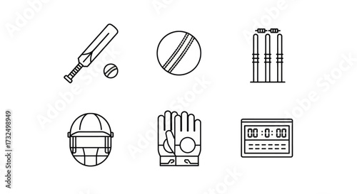 Collection of simple line art icons representing cricket equipment and a scoreboard