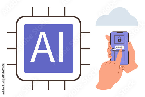 Microchip with AI label next to a hand unlocking a phone via fingerprint. Ideal for AI, security, technology, mobile innovation, future concepts, digital safety, cloud computing. A simple flat
