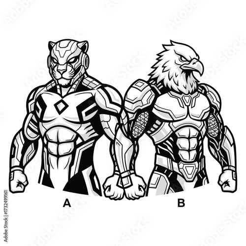 Two humanoid mascots standing together heavy futuristic armor  muscular humanoid bodies