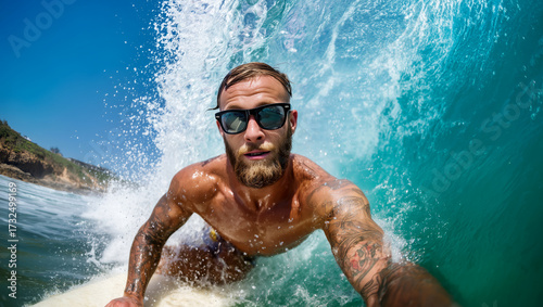 A man enjoys surfing on bright sunny day, capturing the thrill of riding the waves. The vibrant water splashes around him, showcasing his detailed tattoos and sunglasses.