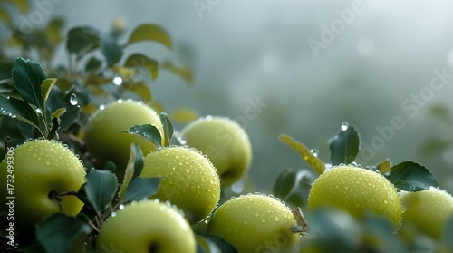 Green Apples on a Misty Morning Branch Covered in Dew Drops