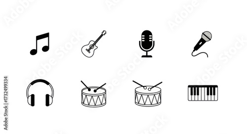 Collection of simple icons representing musical instruments and audio equipment