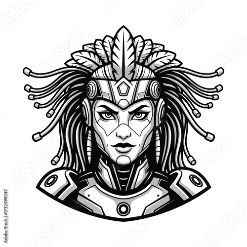 Close-up portrait of a female robotic Indian warrior mascot, confident expression, steel-like cyber helmet fused with tribal Indian feathers as mechanical blades, armored shoulders