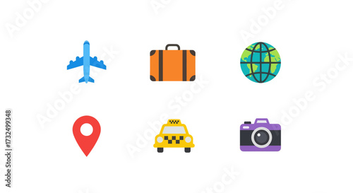 Collection of travel icons representing transportation, destination, and memories