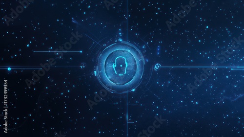 Abstract digital interface with illuminated human face symbol in space