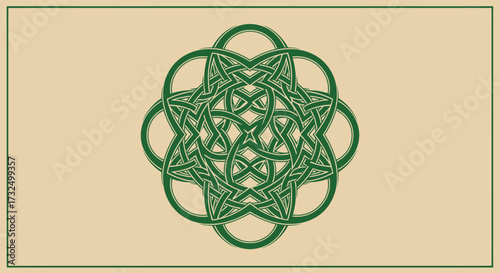 Complex Celtic knot in green on a beige, bordered background