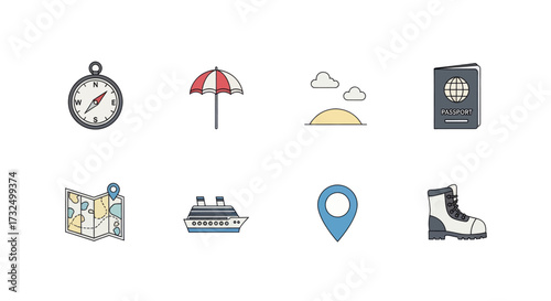 Collection of travel and adventure icons for planning a journey