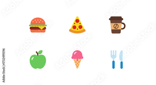 A collection of colorful, flat design icons representing popular food and drink items.