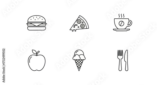 Simple line art icons depicting popular food and drink items