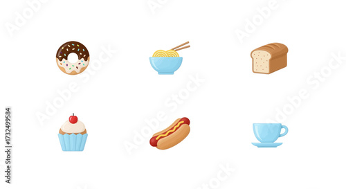 Variety of delicious food icons including a donut, cupcake, hot dog, bread, noodles, and coffee cup.