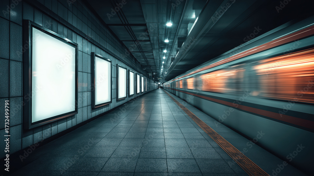 Fototapeta premium Neon ad panels glowing above subway platform with blurred train passing, moody urban night backdrop